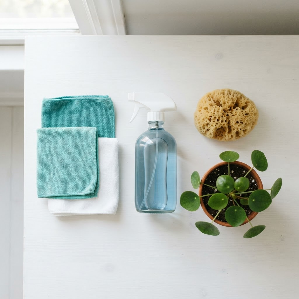Neatly arranged cleaning supplies including a spray bottle, microfiber cloths, and a sponge